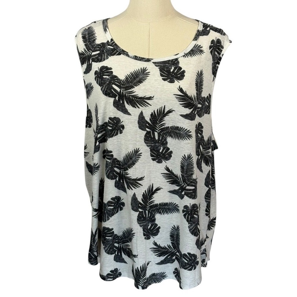 Old Navy Linen Blend White Tank Top w/ Black Botanical Print & Tie in Back (XXL)